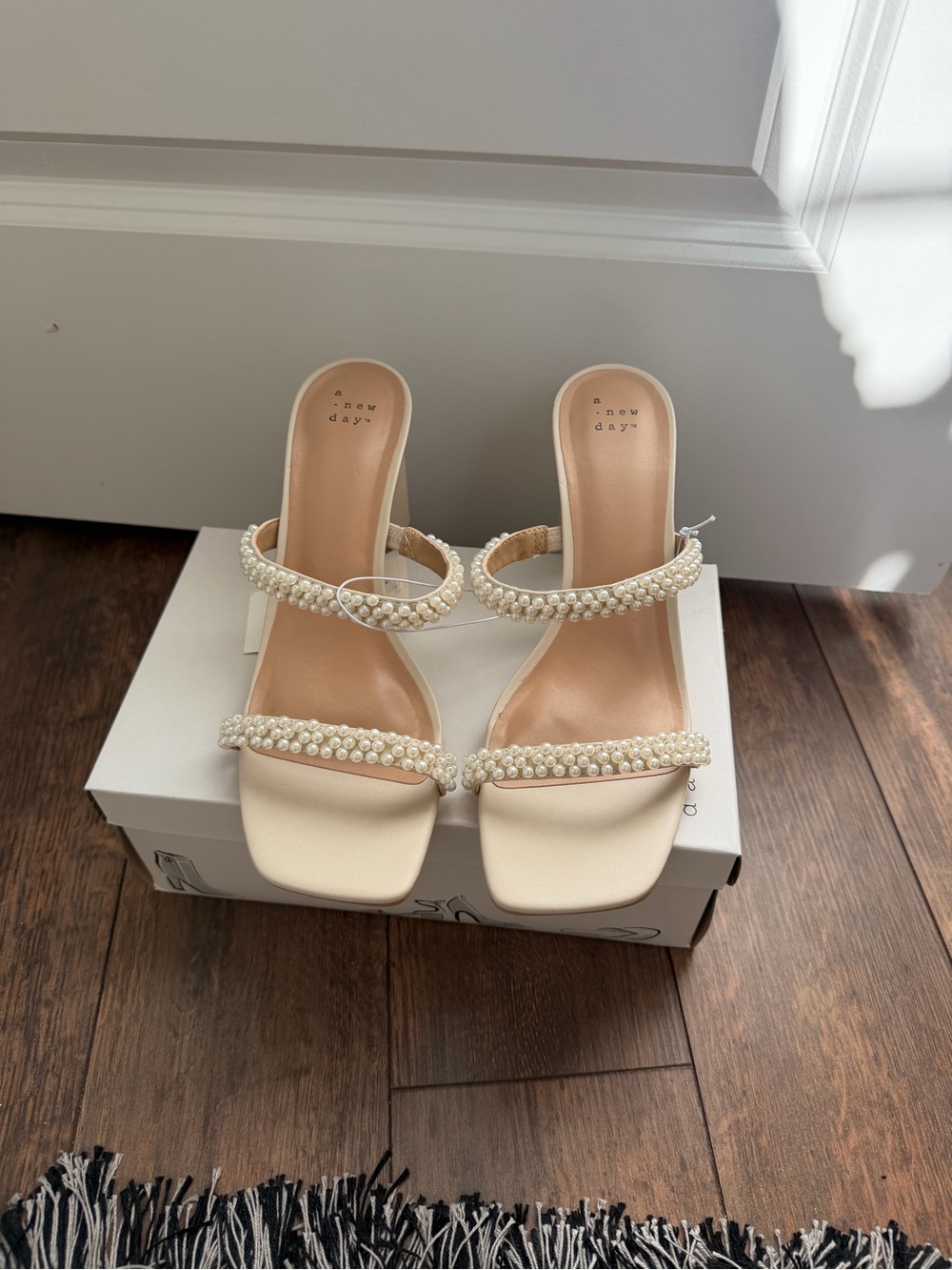 a new day Pearl-Strap Cream Square-Toe Heeled Sandals